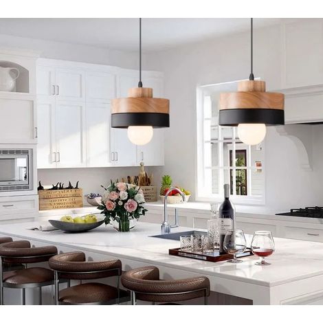 2pcs Lustre Moderne en Cylindrique Bois 18cm,Lampe Suspension Vintage Industriel E27 Luminaire Plafonnier Style Nordique,Noir (1/5)