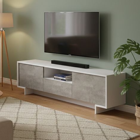 Dmora - TV-Ständer Andromeda, TV-Ständer für das Wohnzimmer, niedriges Wohnzimmer-Sideboard mit 2 Türen und 1 Schublade, 100 % Made in Italy, 170 x 42 x 48 cm, Weiß und Zement, mit verstärkter Verpack (1/5)