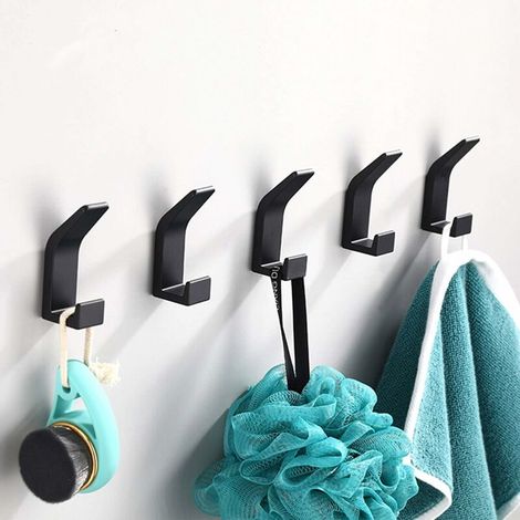 5 Pieces Adhesive Hook, Double Bathroom Towel Hook, Towel Hanger, Anti-rust and Waterproof Towel Holder With Adhesive, Family Bathroom Kitchen, Office, Self-Adhesive-Black (1/5)