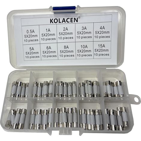 Fast Blow Ceramic Tube Fuse 5 x 20mm Assorted Kit 0.5Amp 1Amp 2Amp 3Amp 4Amp 5Amp 6Amp 8Amp 10Amp 15Amp (Pack of 100) (1/4)