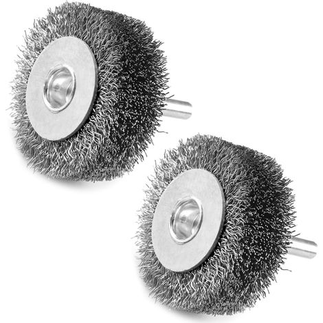2 Pcs 2 Inch Drill Wire Brush Set Crimped Coarse Carbon Steel Wire 1/4" Round Shank Heavy Duty Wire Brushes for Rust Corrosion Removal (1/5)