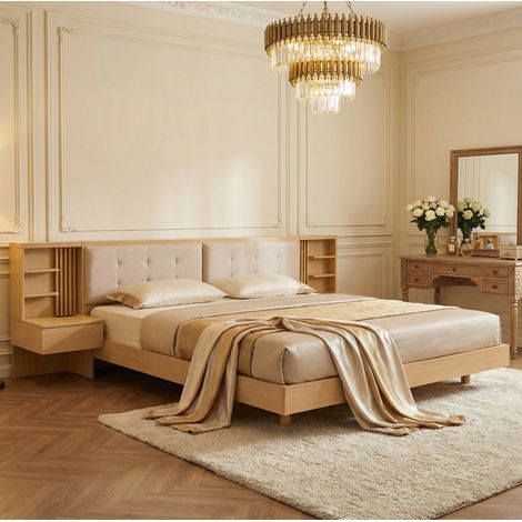 Bett mit Stauraum Holzwerkstoff Natur 180x200 cm, schwebende Optik, Kopfteil mit USB, Steckdose, Regalen und Schubladen (1/5)
