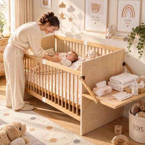 JOOKGBD-Lettino per Bambino in Pino Massello Naturale, Fasciatoio Laterale Pieghevole, Rete a 4 Altezze Regolabili, Sbarre di Sicurezza 5cm, Modello 2 in 1 per Neonato (1/5)