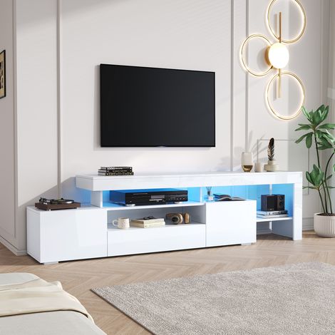 TV Schrank mit 3 Türen und Fächern, LED per App, Hochglanz, für Wohnzimmer, 192 × 37 × 53 cm, aus Spanplatte, Weiß (1/5)