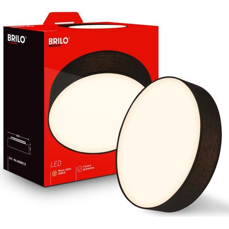 Briloner Plafonnier LED abat-jour en tissu Ø38x10,5 cm rond 24W 2600lm 3 000K blanc chaud noir - Lustre salon chambre cuisine couloir