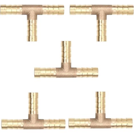 Lot de 5 Raccords de Tuyau en Laiton en Forme de T 8mm, T Raccord 8mm,Connecteurs de Tuyau en Laiton 3 Voies,Raccord Barbelé pour Tuyau d'Air,Carburant,Eau et Gazole (1/5)