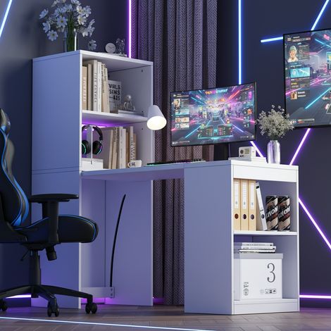 Table pliante multifonctionnelle 130x51x137cm combinant bureau et armoire en un seul design, quatre compartiments de rangement pour une organisation efficace, capacité de charge élevée, blanche.