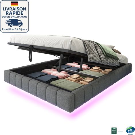 MODFU - Cama abatible para adultos 160×200cm, hidráulica, con LED, somier tapizado, sin cabecero, sin colchón, lino, gris (1/5)