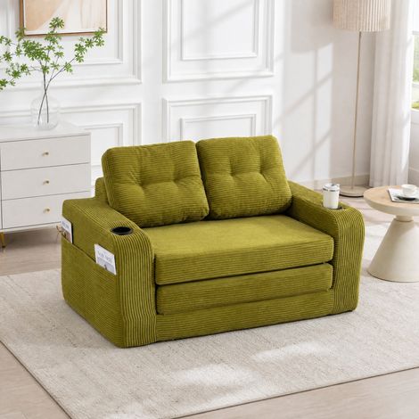 Canapé 2 places en tissu aspect velours côtelé vert olive avec porte-gobelets et poches latérales (1/5)