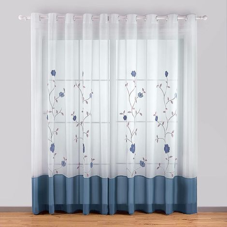 Rideau à œillets voilage broderie florale bleu, 140 x 175 cm (1 panneau) – Pour chambre, cuisine, salon, ambiance douce–DELKEVIC