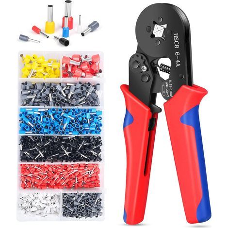 Herramienta de crimpado autoajustable para terminales, kit de 1250 terminales de férula, AWG 23-7 (0,25-10 mm²), mango ergonómico antideslizante. (1/5)