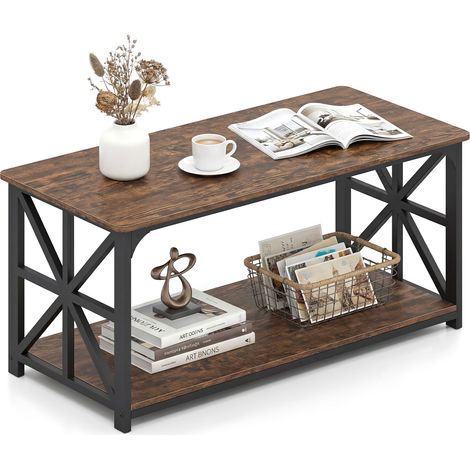 Table basse marron rustique à 2 niveaux avec étagère ouverte et structure métallique renforcée pour salon et appartement (1/5)
