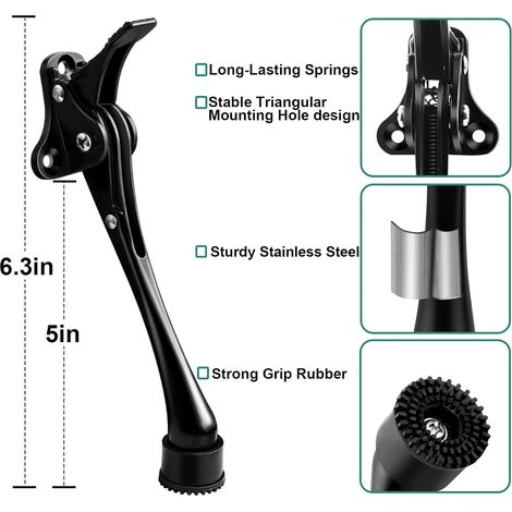 Lot de 2 butées de porte rabattables de 15.2 cm, caoutchouc antidérapant, support de porte en métal robuste, noir pour bas de porte, fixation de porte ouverte, installation facile (1/5)