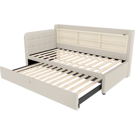 Cama nido de día 90x200 cm en lino beige con USB/USB-C, almacenaje y somier (1/5)