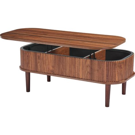Ovaler Couchtisch mit Hubmechanismus, 100 cm, Walnussholz, 3 versteckte Fächer, Mid-Century-Stil, integrierter Stauraum, Hubmechanismus, einfache Montage, für Wohnzimmer und Büro. (1/5)