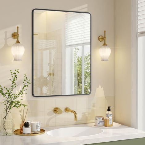 SONGMICS Specchio Bagno, Specchio da Parete, Rettangolare, Cornice in Alluminio, 81 x 61 cm, Pellicola di Sicurezza, 2 Opzioni di Sospensione, Soggiorno Camera da Letto, Nero Inchiostro LWM014BD01 (1/5)