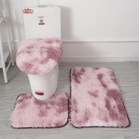 Ensemble de tapis de bain antidérapant violet avec tapis de toilette contour et housse de siège en tissu duveteux - Motif tie-dye, 3 pièces (1/3)