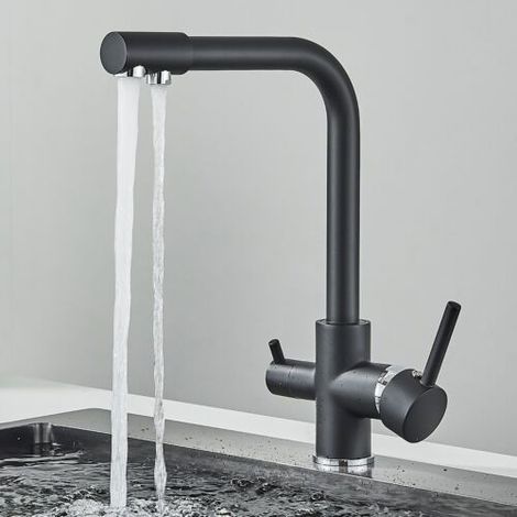 Robinet Cuisine avec Douchette noir 3 Voies Pivotant à 360°, Mitigeur Cuisine 3 Voies, Robinet Évier Cuisine Eau Potable, Robinet Cuisine Trois Voies Acier Inoxydable (1/5)