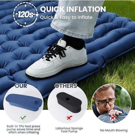 Double Camping Mattress, Camping Sleeping Mattress, Inflatable Air Mattress, Sleeping Mattress with Foot Pump and Pillow for Camping, 195 x 125 x 10 cm, Blue (1/4)