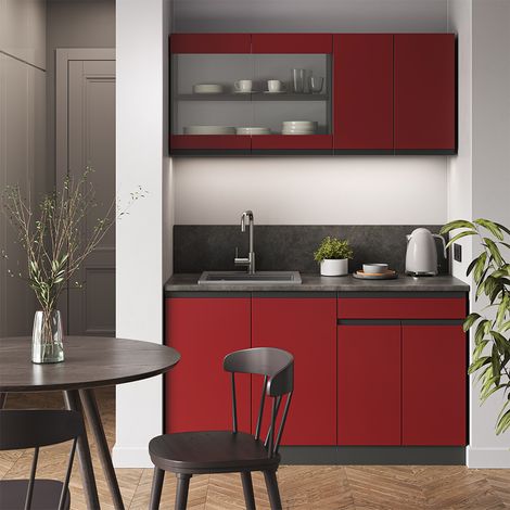 Cocina para solteros R-Line, Rojo/antracita, 140 cm Forma de J, Vicco