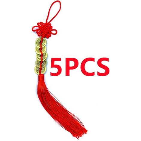 Ornements de pièces de monnaie chanceux - 5 pièces - Feng Shui - Rouge - Alliage métallique et tissu (1/4)