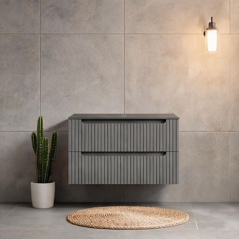 Meuble sous vasque 80 cm en pierre frittée noire et gris foncé (1/5)