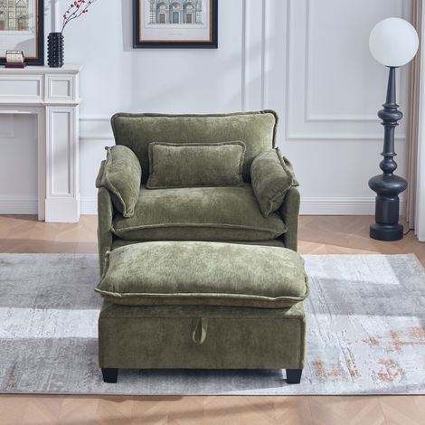 Fauteuil relax avec repose-pieds de rangement, fauteuil 1 place avec poches latérales et coussins, en chenille, vert olive (1/5)