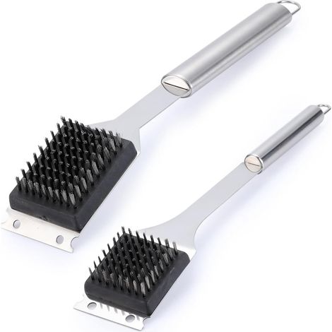 Brosse pour barbecue extérieur - Brosse de nettoyage pour barbecue - Kit de 2 brosses et grattoirs pour barbecue, brosse métallique pour barbecues extérieurs, accessoires de nettoyage en acier inoxyda (1/3)