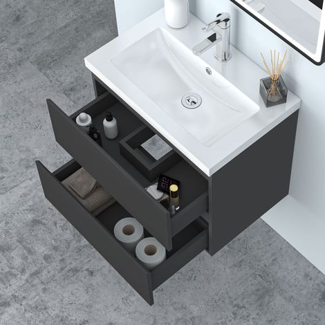 60 cm Badmöbel Set Unterschrank 2 Schubladen Anthrazit Matt soft close Badezimmer Badezimmermöbel Selbstmontierter Unterschrank mit Weiß Mineralguss waschtisch