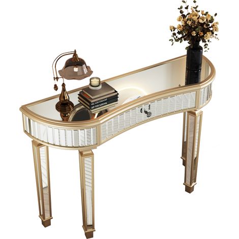 ELVMI Consolle Mezza Luna Specchiata con 1 Cassetto e Pomello in Cristallo per Ingresso Salotto Camera 120 x 38 x 78 cm (1/5)