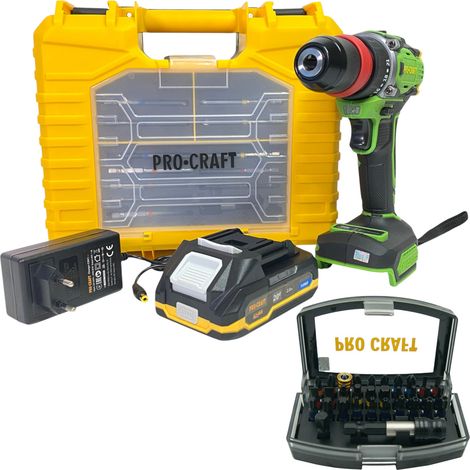 Procraft PA18ProDFR2-1B-C Trapano avvitatore a batteria 20 V 30 Nm Brushless + 1x batteria 2,0 Ah + caricabatteria + set di 13 punte + valigetta