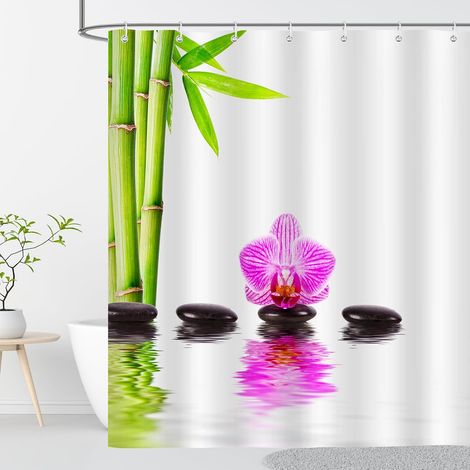 Zen Rideau Douche Anti Moisissure 200x200 Motif Galet Bambou Vert Blanc Rideau de Douche Baignoire Tissu Imperméable Polyester Rideaux Salle de Bain Lavable Machine avec Anneaux (1/5)