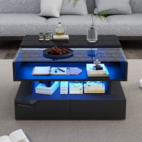 Table de Salon LED 80x80x45cm, Table Basse Réglable en Hauteur avec Rangement Secret et 2 Tiroirs, Table d'Appoint Brillante en Verre Trempé Noir