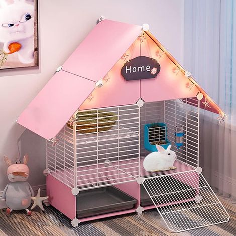 2 Niveaux Cage pour Lapins avec 2 Plateaux coulissants Profonds et Protection Contre l'urine, Grande Cage pour Cochon d'Inde avec Grillage métallique, Maison pour Furet,75×39×90cm (1/5)