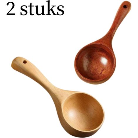 Lot de 2 louches à soupe en bois grand format 21 x 3,5 cm avec poignée antidérapante pour servir soupes nouilles bouillons et autres préparations couleurs bois naturel et marron (1/5)