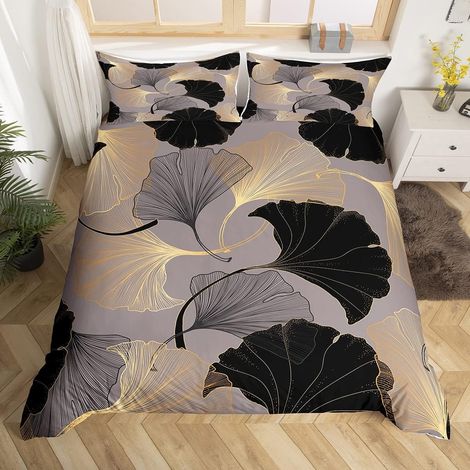 Housse de Couette 220x240 Feuilles de Ginkgo pour Ado Adulte, Parure de Lit Feuilles de Ginkgo Biloba Noir et Doré, Ensemble de Literie Botanique, Couvre Lit Plantes de La Jungle (1/5)