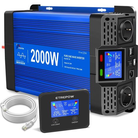 Convertisseur 2000W/4000W 12v 220v Pur Sinus Onduleur  2 Prises UE, 2 Ports USB+Type-C, adapté aux appareils électroménagers, Camping,Camion (1/5)