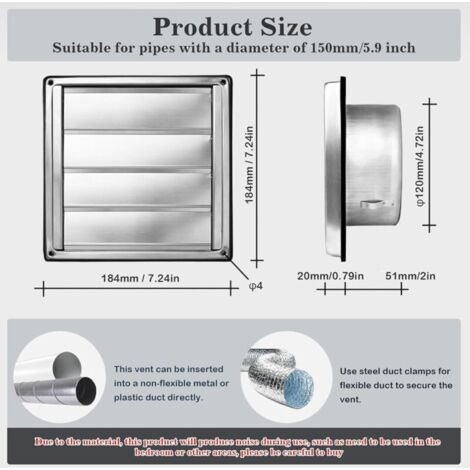 NALOOKAMIC 125mm Grille de ventilation, 304 inox Clapet anti-retour Grille de protection contre les intempéries, Grille de ventilation avec moustiquaire,Aeration INOX, pour tuyau VMC et gainage etc