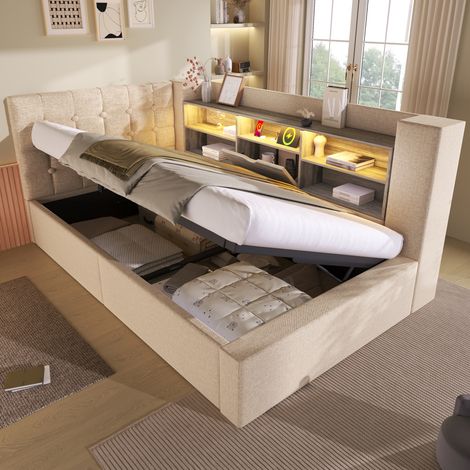 MODFU - Cama infantil con almacenaje LED de 90 x 200 cm, hidráulica, cabecero reversible en L con almacenaje, lino, puertos USB, colchón no incluido, beige