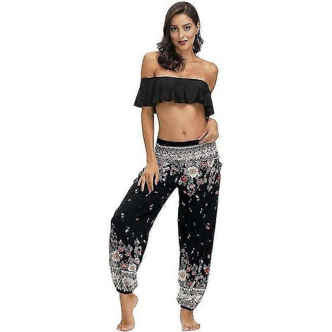 Pantalon harem pour femme, pantalon de yoga bohème taille haute avec poches (1/5)
