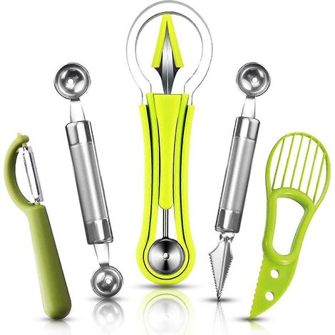 Ensemble de 5 cuillères à melon, cuillère à fruits 4 en 1 en acier inoxydable avec épépinier (1/5)
