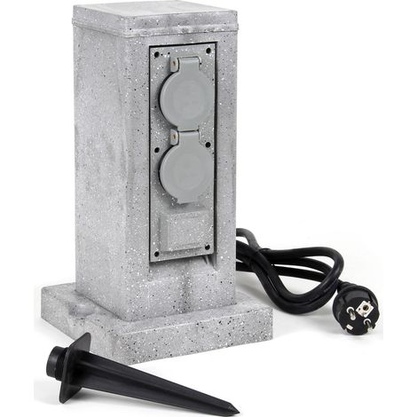 Steckdosensäule 4fach in Granitoptik, IP44, Außensteckdose mit 1,5m Kabel und Erdspieß