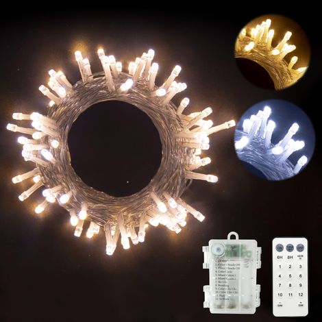 Guirlande lumineuse LED à piles blanc chaud/blanc froid sur câble transparent, télécommande, éclairage à piles, pour Noël, arbre, jardin, mariage, vacances, fête (100 LED) (1/5)