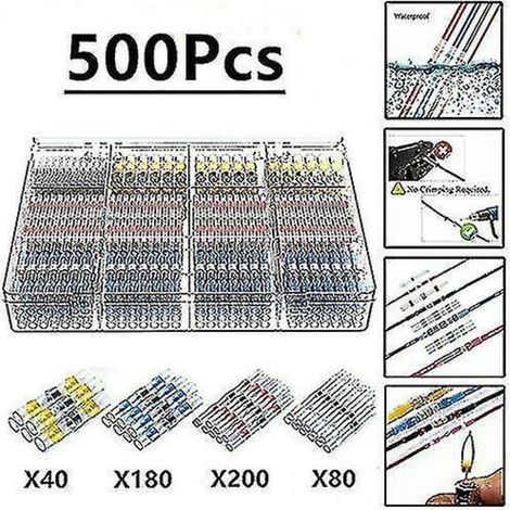 500 cosses électriques à souder avec gaine thermorétractable, connecteurs électriques étanches Maidodo en cuivre, à souder bout à bout, pour applications marines et automobiles. (1/4)