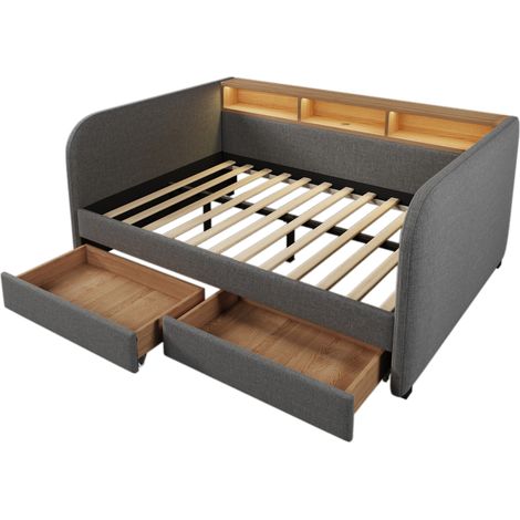 Gepolstertes Tagesbett 140x190 cm grau aus Leinen mit LED, USB-C, 2 Schubladen (1/5)