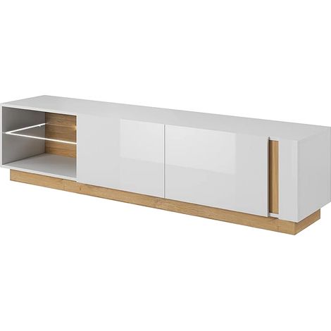 Vente-Unique – Meuble TV MURARI – 2 portes battantes – 2 niches – Avec LEDs blanches – Finition mélaminé brillant – Dimensions 187.5x45.5x40 cm (1/5)
