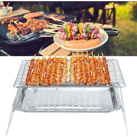 Lot de 3 en Acier Inoxydable Gril Barbecue Pliant Transportable avec Plateau et Pince Argent 31x21x17,5 cm (1/5)