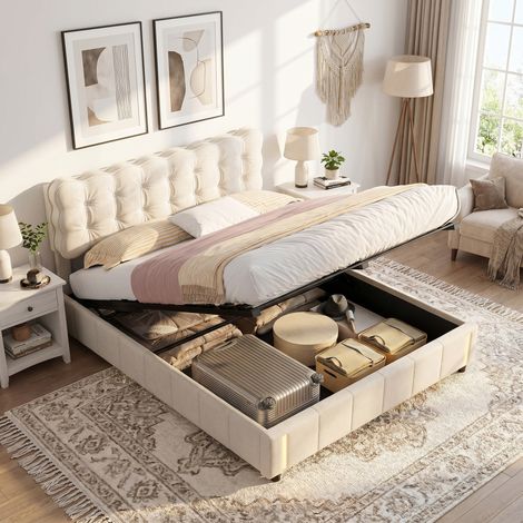 Cama canapé 160x200 cm para dormitorio de adulto, somier de láminas, cama doble tapizada con iluminación LED con sensor, almacenaje hidráulico, terciopelo, beige (1/5)