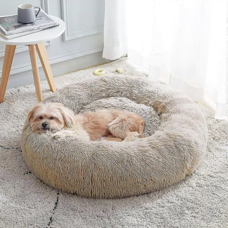 Lit apaisant pour chien et chat, lit câlin anti-anxiété en forme de donut pour chien, lit rond doux et chaud pour chien, coussin moelleux en fausse fourrure pour chien et chat. (1/5)