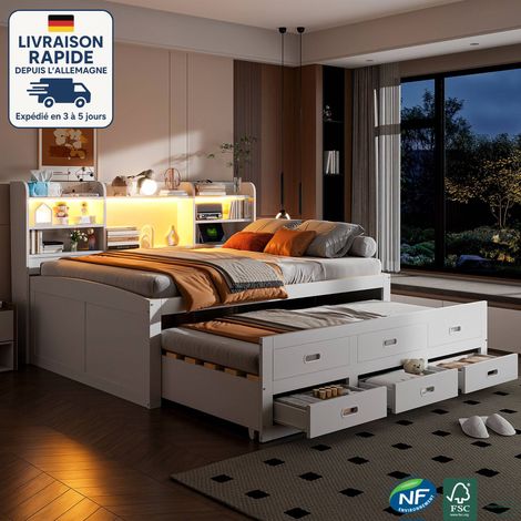 Cama nido 140x200 cm - Sofá cama de 2 plazas, diván multifuncional con mando a distancia LED, 3 cajones, mesita de noche integrada, cama nido con puertos USB y Tipo C, sin colchón, color blanco (1/5)
